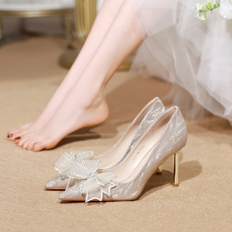 法式婚鞋女2022年新款婚纱新娘鞋高跟鞋蝴蝶结细跟伴娘水晶鞋婚鞋