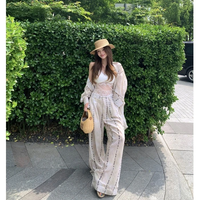 老钱风套装气质条纹长袖衬衫外套女夏季新款高腰休闲阔腿裤两件套
