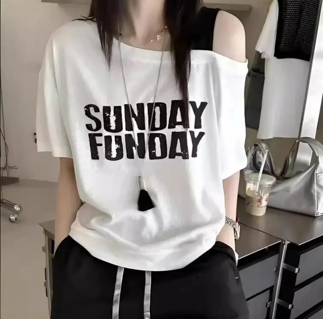 雪花棉斜肩吊带撞色字母印花T恤宽松显瘦时尚百搭上衣ins2025夏季
