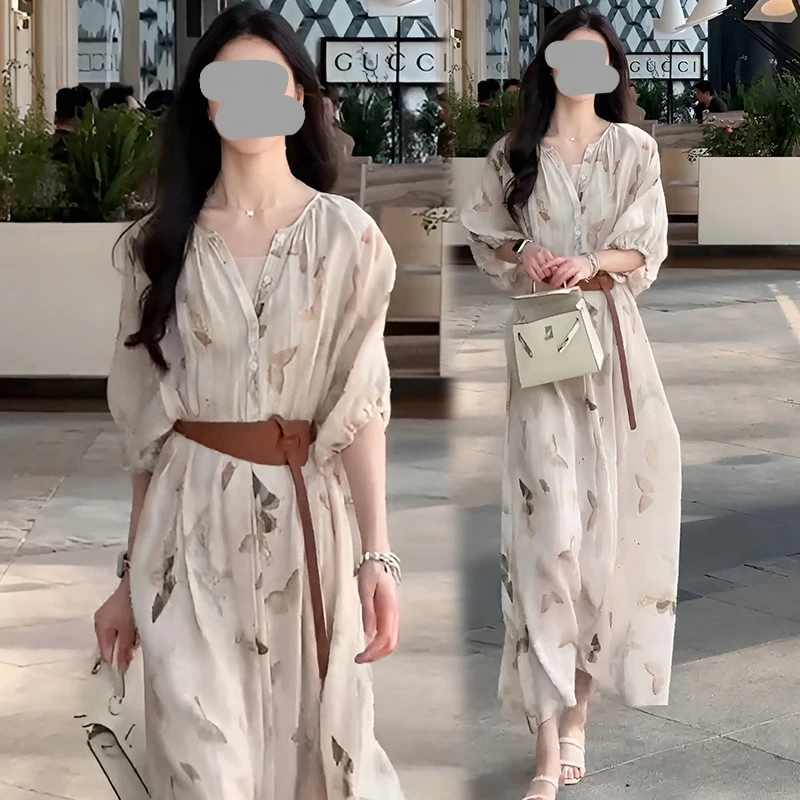 纯欲性感印花五分袖连衣裙女2025夏季新款高级感宽松显瘦气质长裙