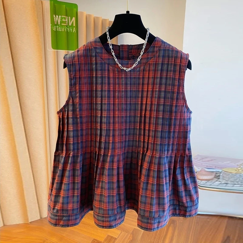 韩系圆领无袖格纹设计感衬衫女2025夏季新款时尚百搭小众洋气衣服