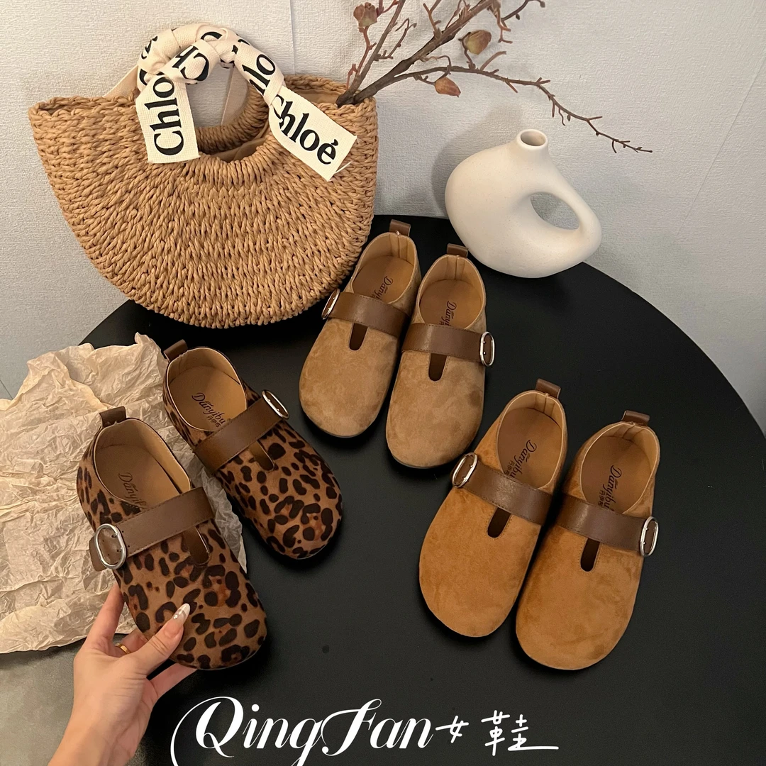 复古绒面豹纹玛丽珍鞋女2025秋季新款温柔气质两穿一字扣浅口单鞋