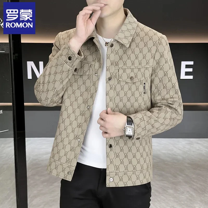 罗蒙夹克男士外套新款上衣翻领衣服男款商务休闲百搭提花拼接春装
