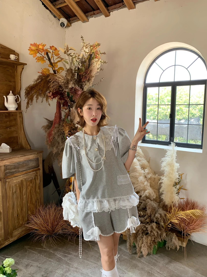 【韩亿慧】ins风时尚重工蕾丝泡泡袖拼接套装宽松夏季