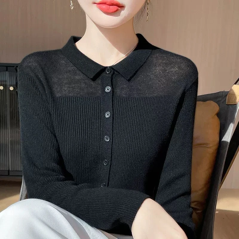 114【纯黑polo领  长袖】高级气质针织女衫