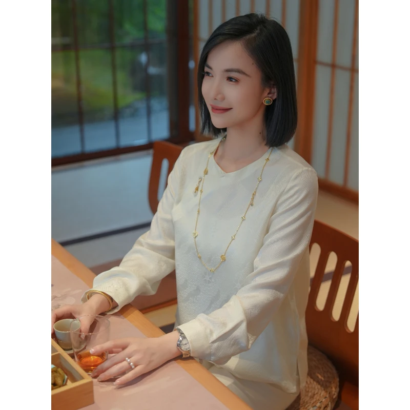 QIAN【上久楷·翟鸟秋月白】100%桑蚕丝百鸟纹锦花缎长袖衬衫