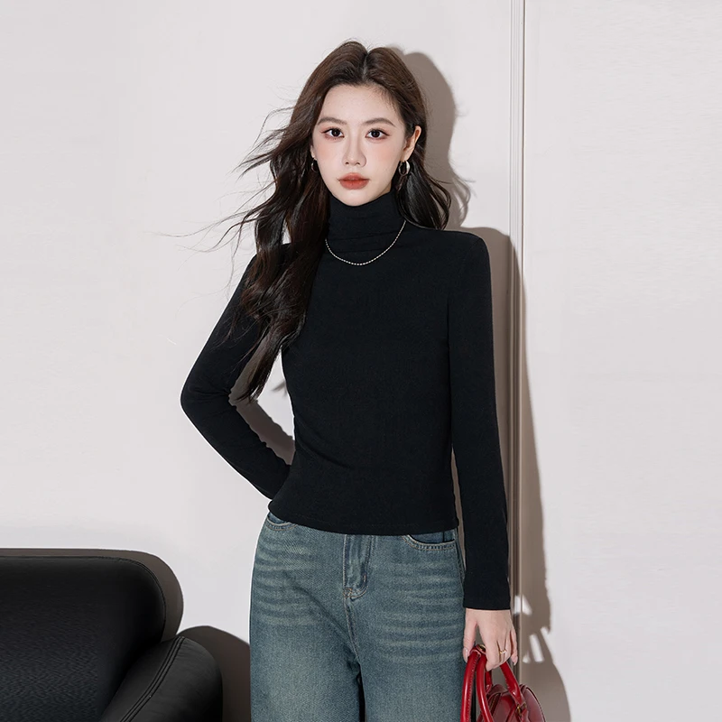 纯色高领螺纹长袖打底衫女内搭春秋冬新款修身百搭洋气长袖女t恤