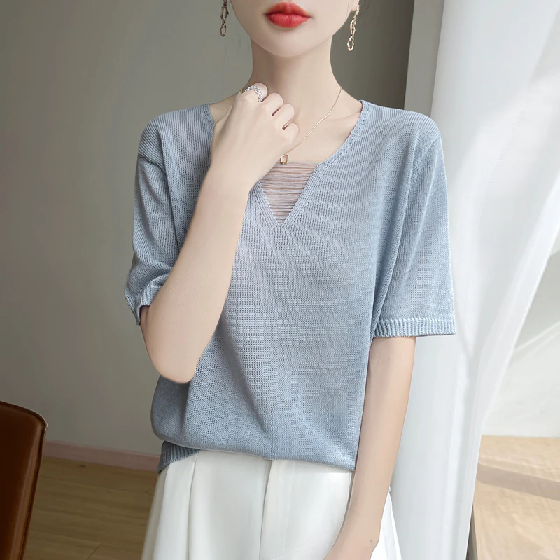冰丝亚麻拉丝V领短袖针织衫~宽松针织T恤薄款冰丝纯色针织衫女夏
