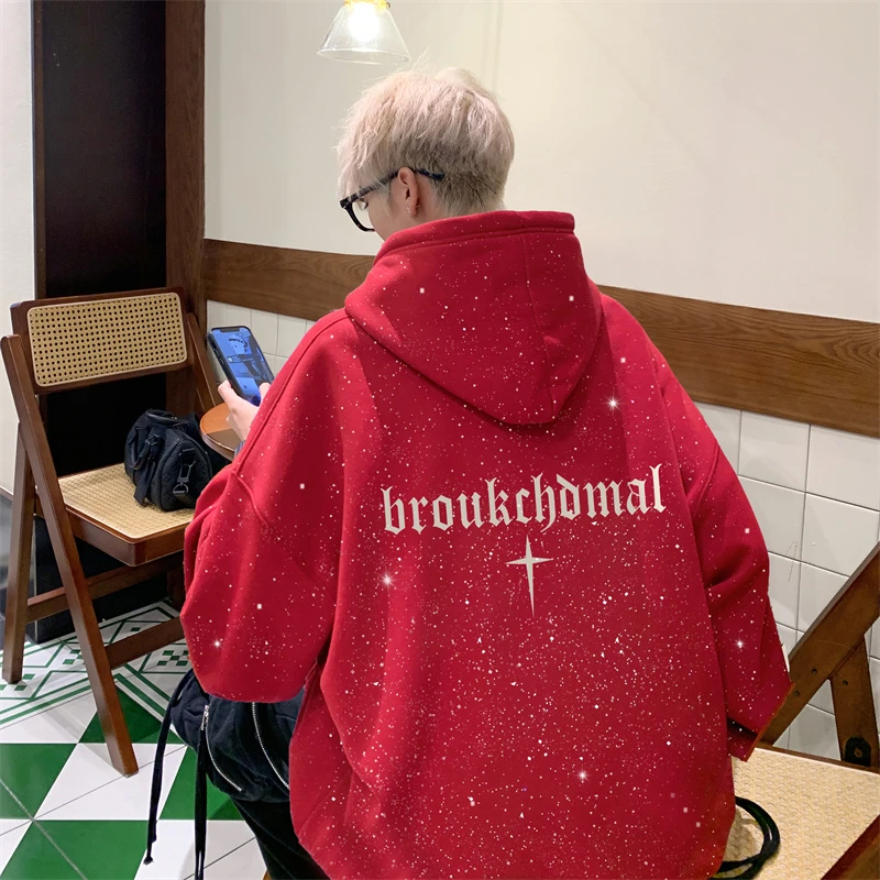 加肥加大码300斤酒红色重磅连帽卫衣男秋冬ins潮牌满天星宽松外套