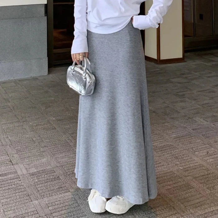 精选灰色针织包臀裙半身裙春秋新款复古显瘦高腰坠感遮肉字裙