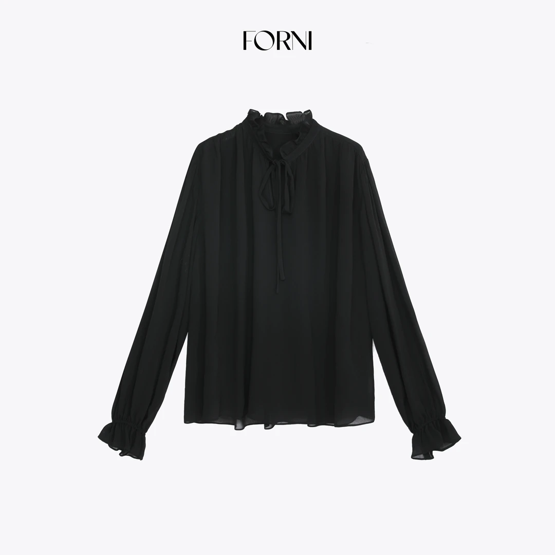 FORNI 空灵衫 ys1清透薄纱感荷叶边垂坠飘逸雪纺飘带衬衫