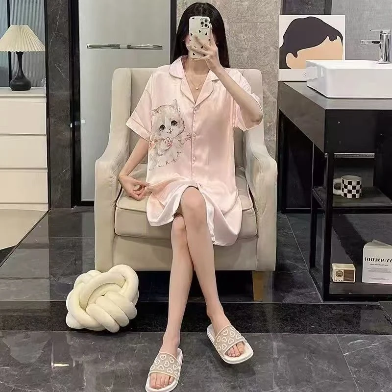 【带胸垫】睡裙女夏季短袖冰雪丝甜美学生印花睡衣女夏天女士家居服