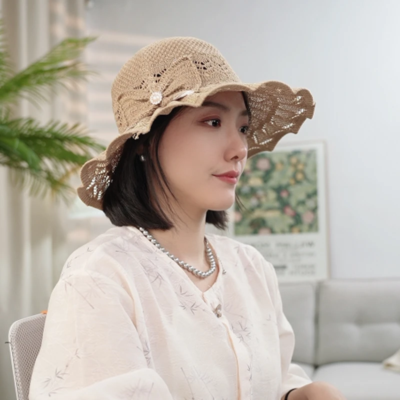 【蝴蝶夏日】荷叶边镂空渔夫帽女新款夏季蝴蝶结遮阳折叠防晒太阳帽