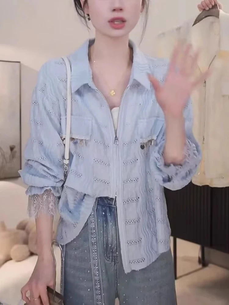 韩系温柔风显瘦镂空蕾丝拼接衬衫女春夏季新款洋气减龄百搭上衣潮