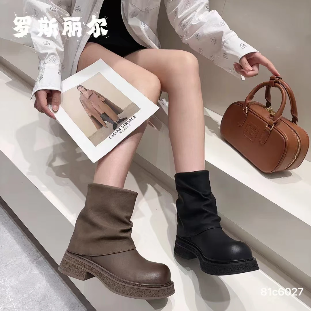 6027复古真皮拉德靴女短靴春秋单靴新款厚底棕色裤管堆堆靴子马丁