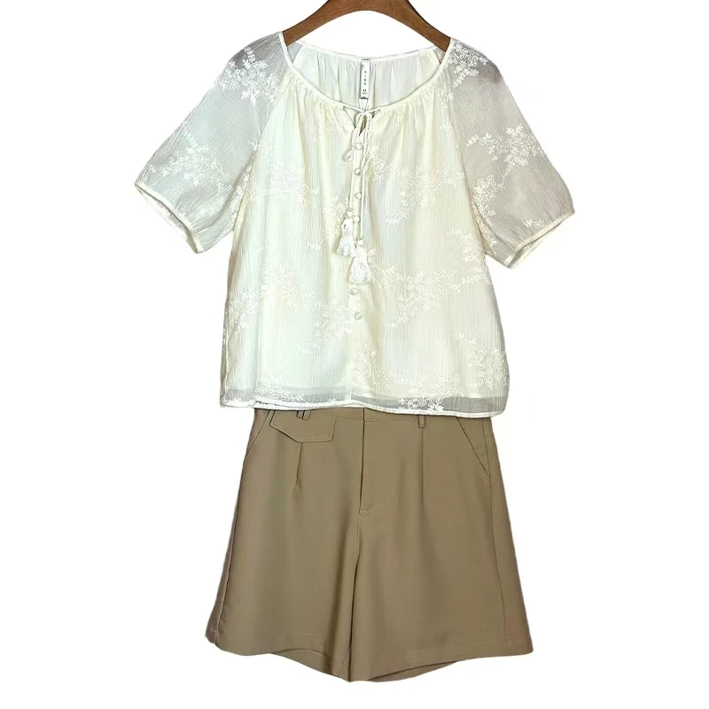 夏季法式时尚短袖衬衫套装