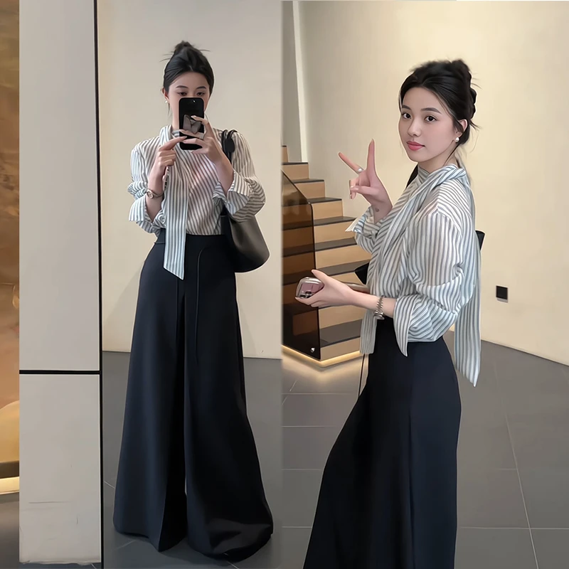 2025夏季新款白灰色侧系带条纹衬衫搭黑西裤套装气质高级感ins