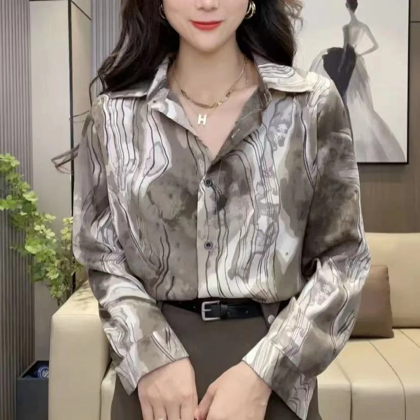 早春新款港风印花衬衫女复古扎染长袖衬衣宽松上衣131