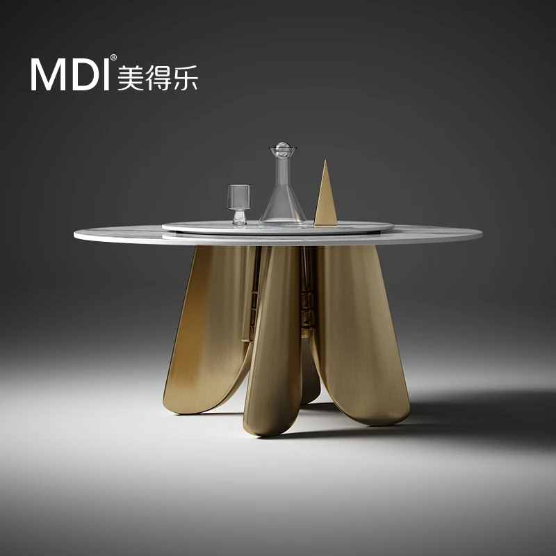 美得乐轻奢岩板餐桌现代高级感圆餐桌简约家用意式极简餐桌花瓣脚