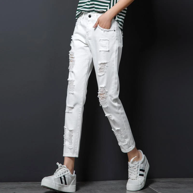 白色牛仔裤女士爆款薄款破洞直筒宽松九分显瘦老爹裤哈伦女款裤子