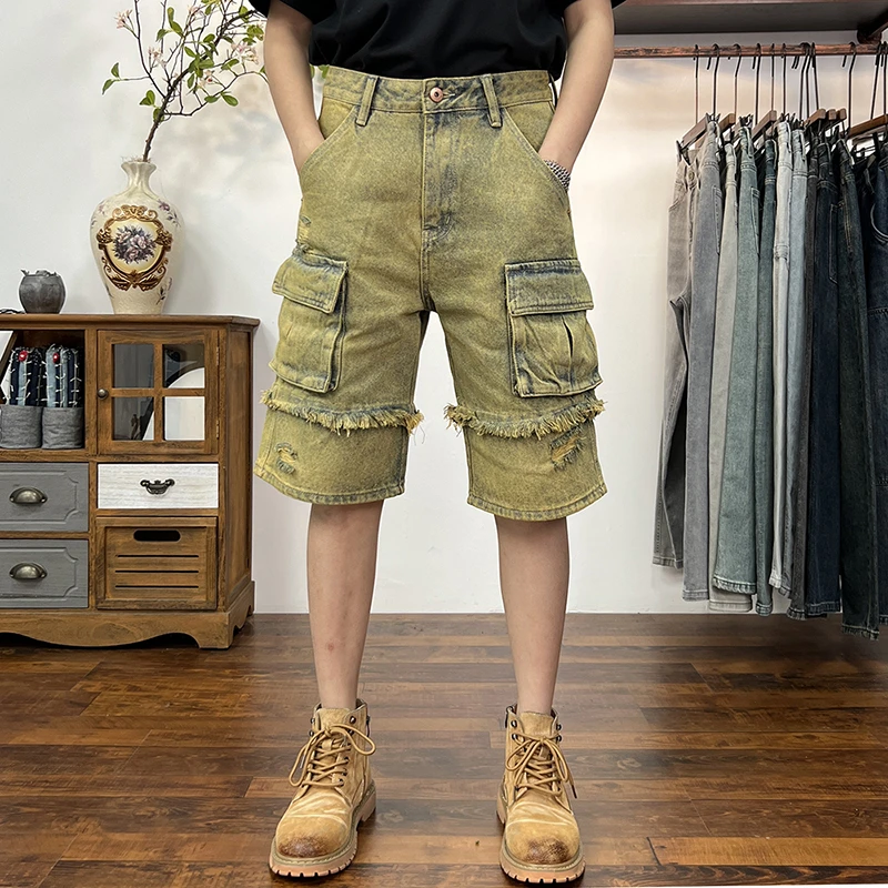 工装牛仔短裤男款宽松直筒无弹男士五分裤子高端怀旧破洞休闲中裤