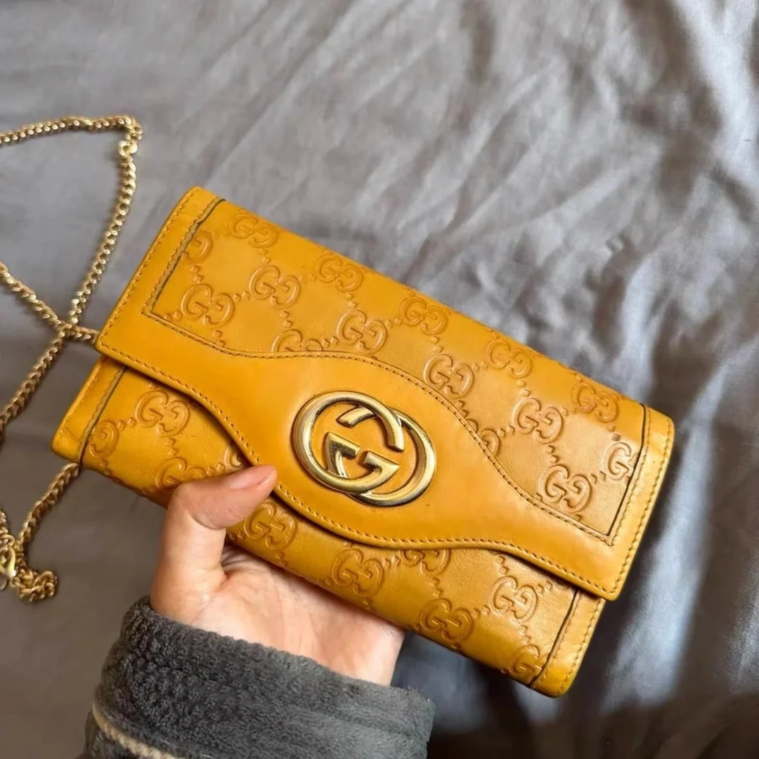 95新 GUCCI/古驰 95新黄色双g压印长款钱包35727142