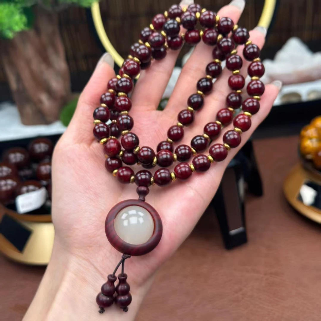 小叶紫檀珠串64颗红料脖挂+隔片【1457】