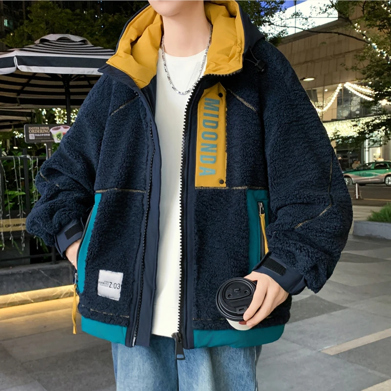 青少年冬新款美式连帽羽绒服港风设计潮牌百搭男拼色保暖鸭羽绒服