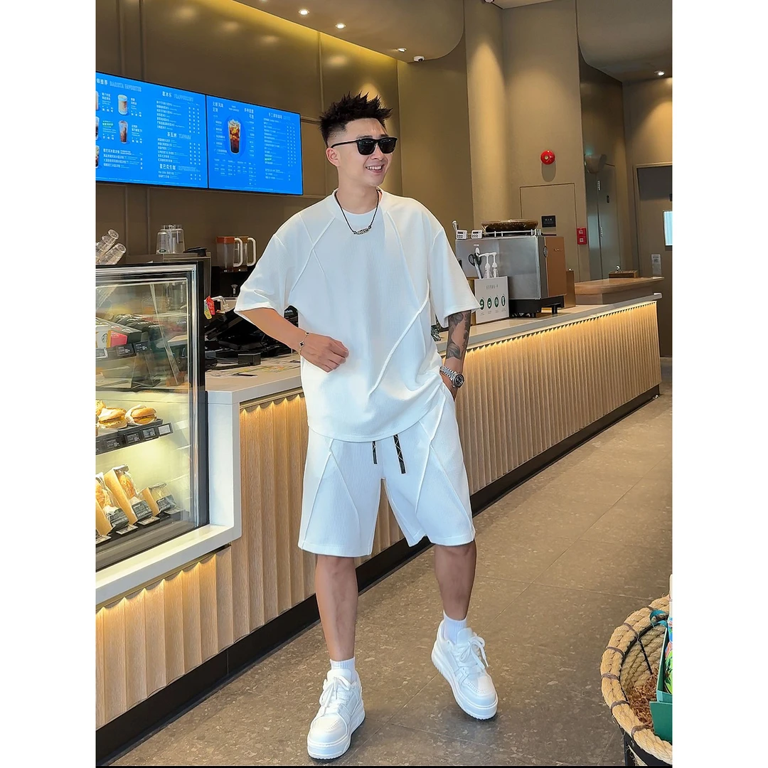 【语乐3店】2873/2876玉米格纹掐褶休闲套装轻薄高弹短袖T裤子2877