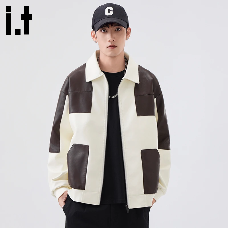 i.t:CHOCOOLATE复古机车长袖夹克男士秋冬拼接设计感宽松皮衣外套