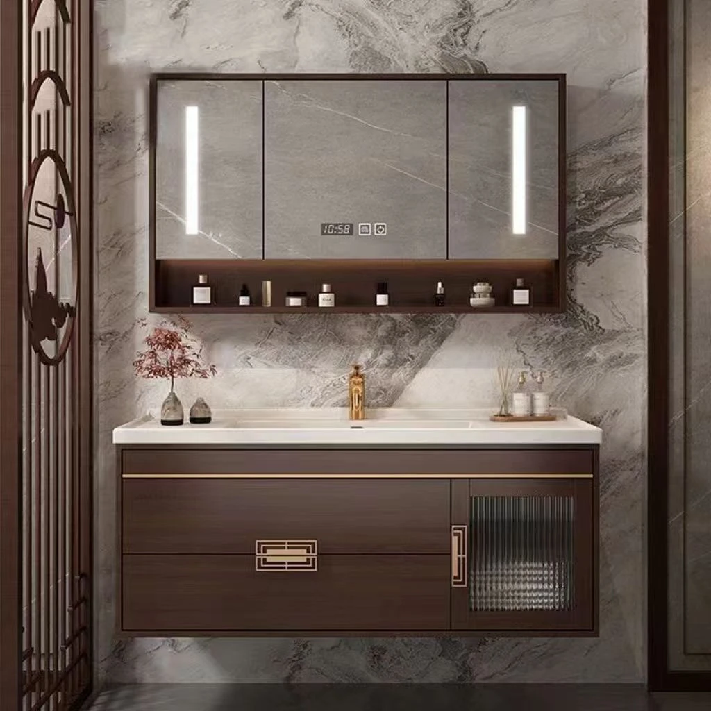 浴室柜新中式卫生间实木洗漱台洗手洗脸柜组合岩板一体无缝盆卫浴