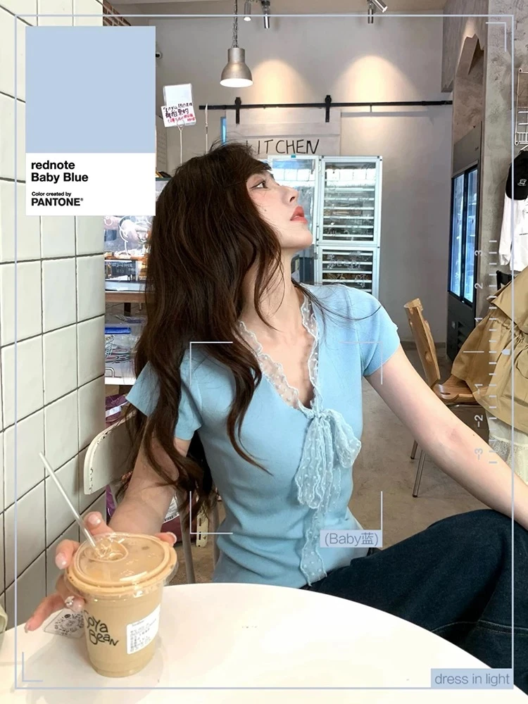 法式拼接短袖女修身夏季港风上衣20950