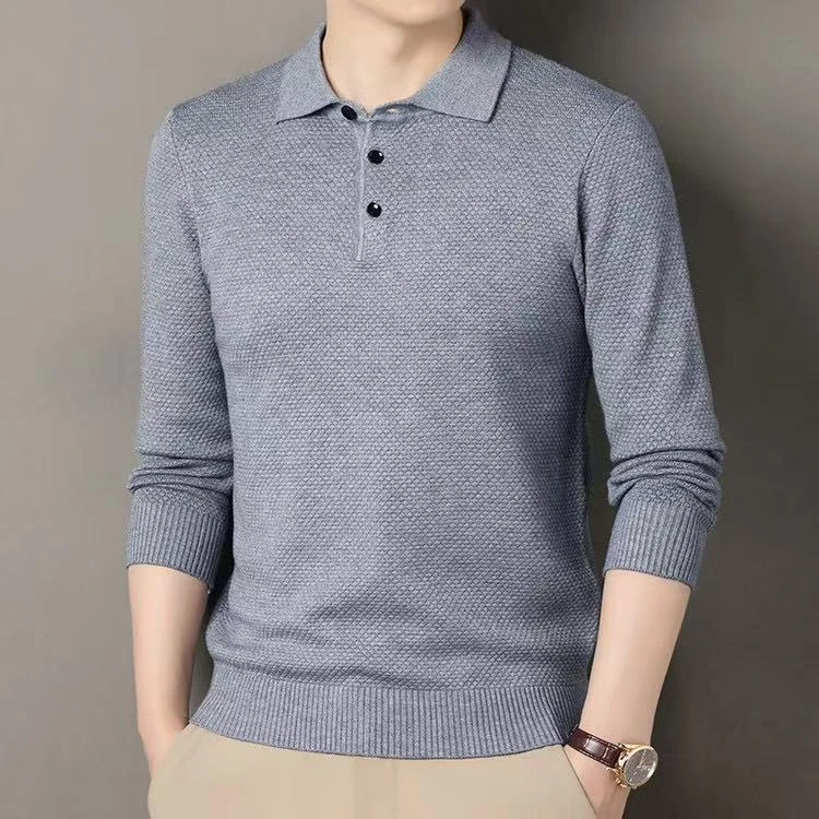 秋冬男士翻领POLO衫纯针织衫长袖时尚菠萝针百搭上衣休闲毛衣