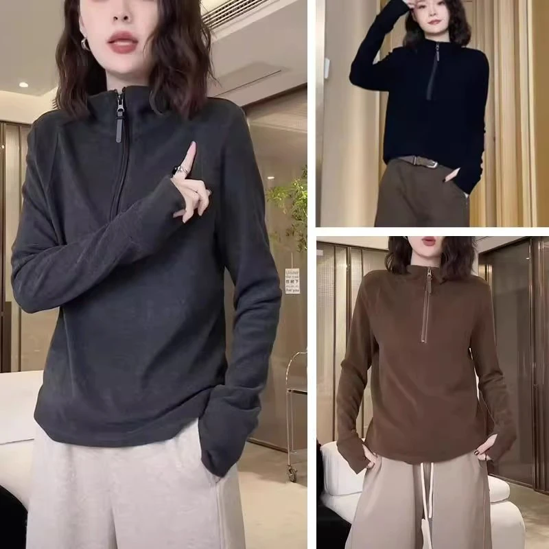 大码灰色半拉链立领卫衣女秋冬内搭保暖打底衫胖mm长袖半高领上衣