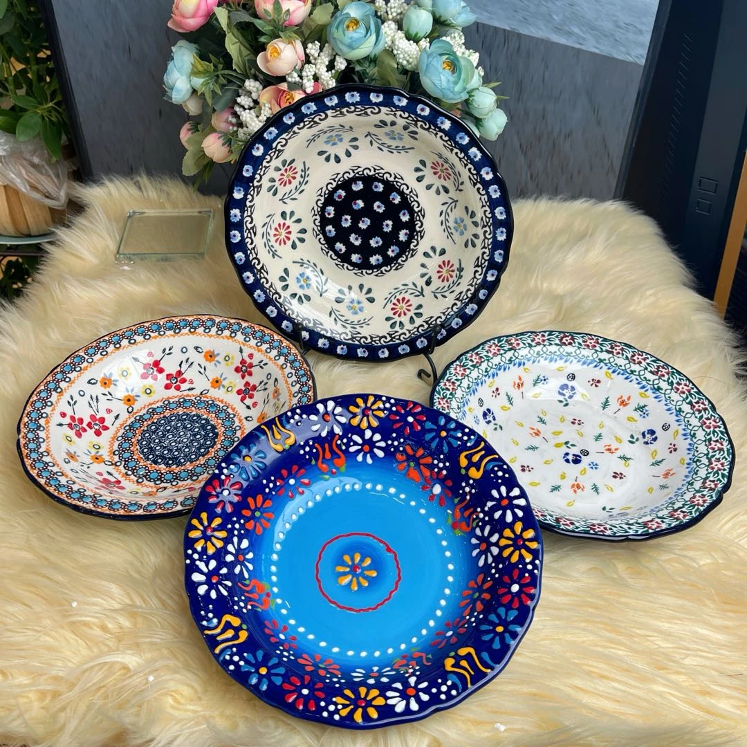 阿勒玛 新疆包邮【四色拌面盘】手绘8.5寸深窝拌面盘家用耐磨盘