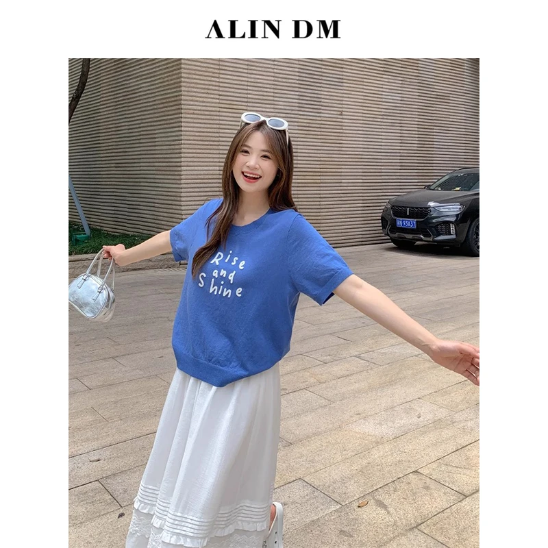 ALINDM【奶盖小云朵】大码微胖mm晴空字母趣味针织短袖T恤 L80230