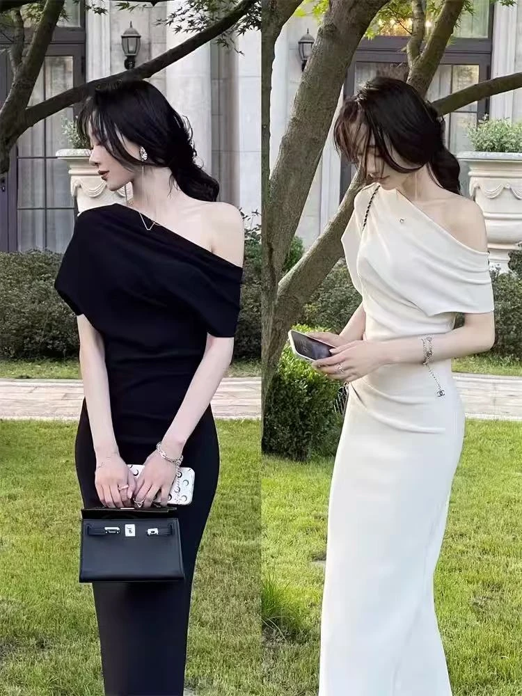 夏季法式露肩露背开叉气质长款大码连衣裙22567