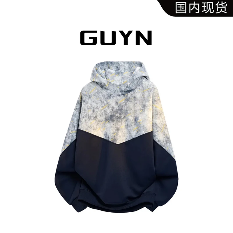 【品牌现货】GUYN潮牌情侣美式拼接扎染连帽卫衣运动休闲上衣