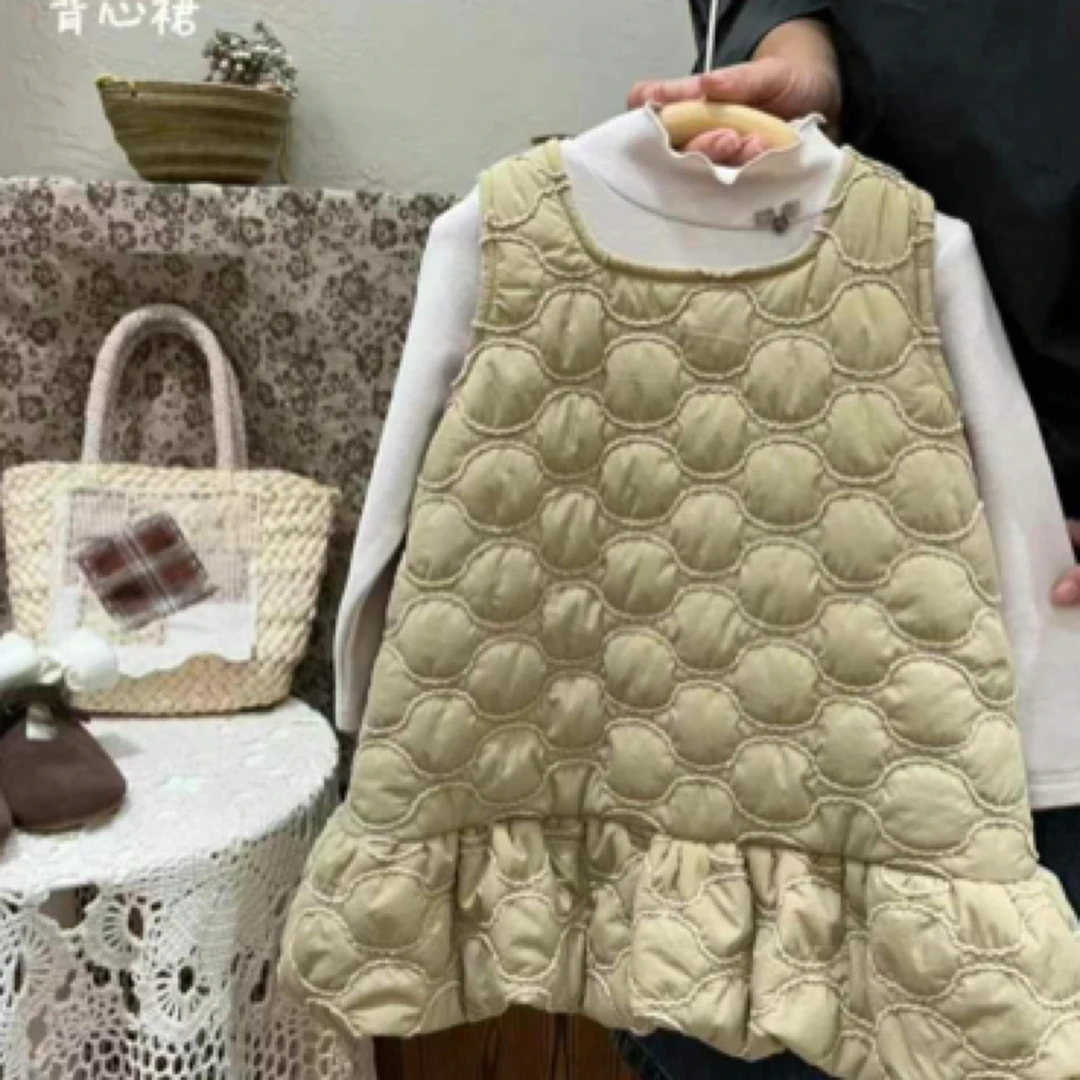 【编号P375】8132-14-儿童花苞背心裙卡其色-YT