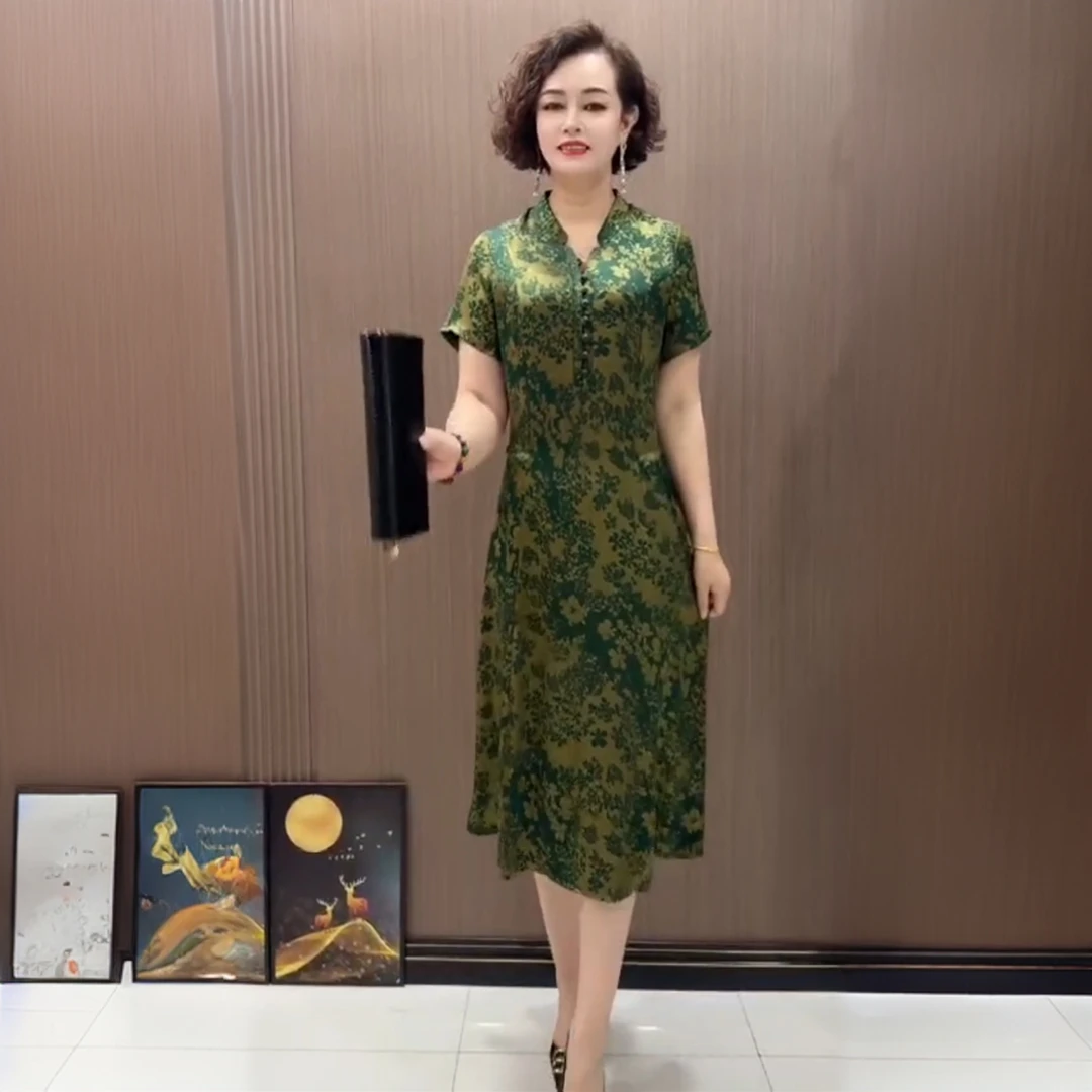 8628新中式妈妈装夏季洋气真丝连衣裙女气质贵夫人轻奢桑蚕丝裙子