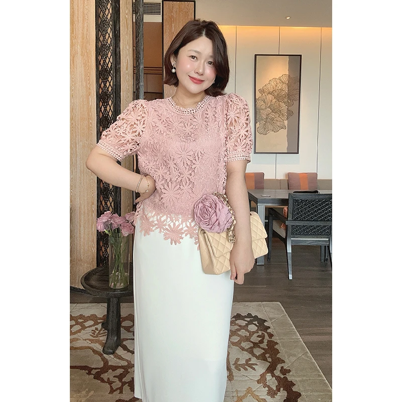 【双11清仓】【粉黛花集】夏季百搭蕾丝钩花刺绣泡泡袖衬衫Z525E09146
