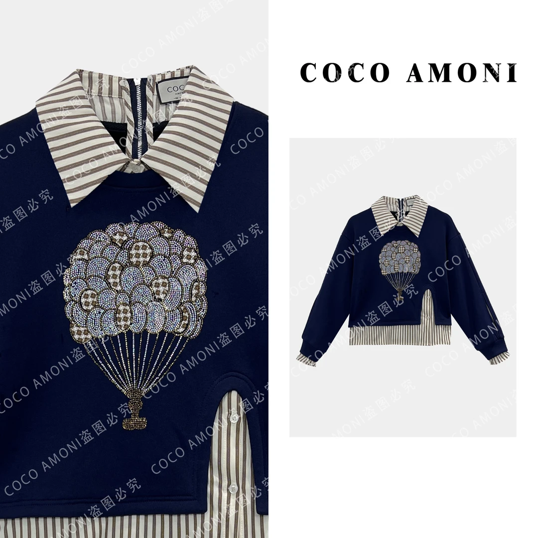 秋冬季新款百搭假两件拼接烫钻热气球显瘦减龄长袖卫衣ZQ620