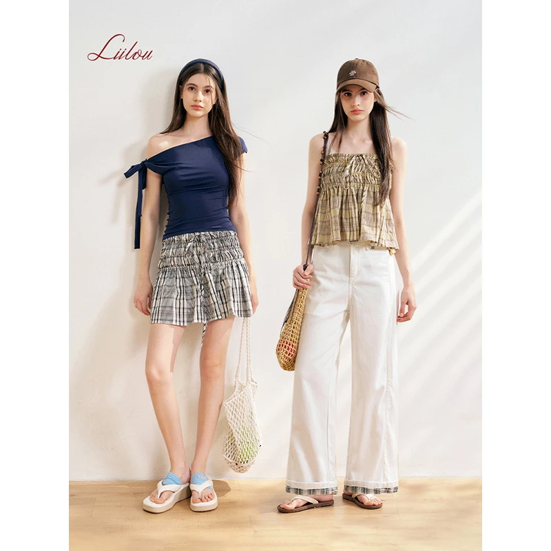 Liilou 25ss 松弛感 打揽腰头 舒适棉抽身系带A摆格纹短款半身裙