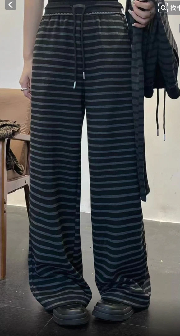 8938-冬季宽松条纹裤百搭休闲裤运动长裤阔腿裤松紧腰卫裤秋冬