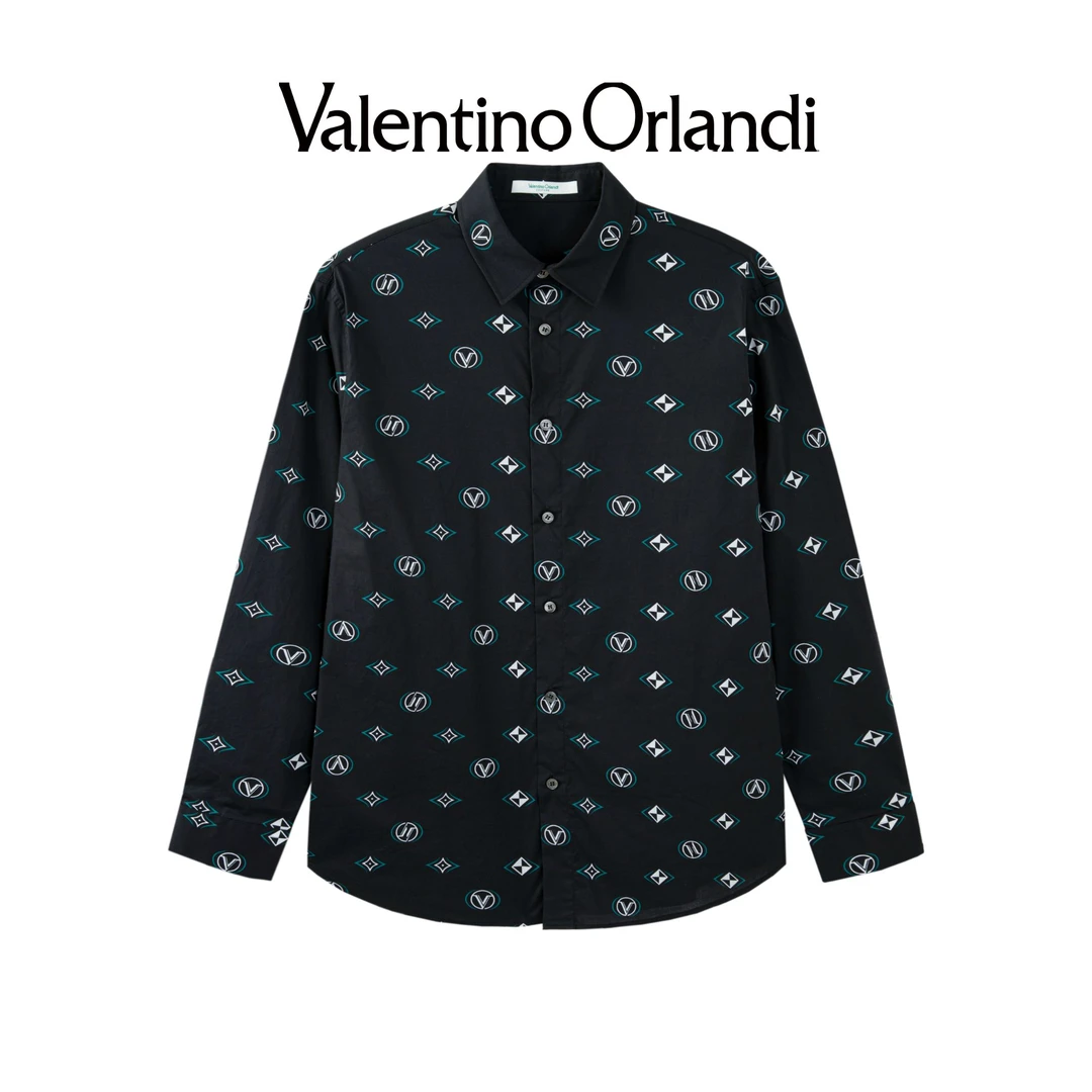 Valentino orlandi男士春秋A版时尚百搭满印老花logo长袖衬衫