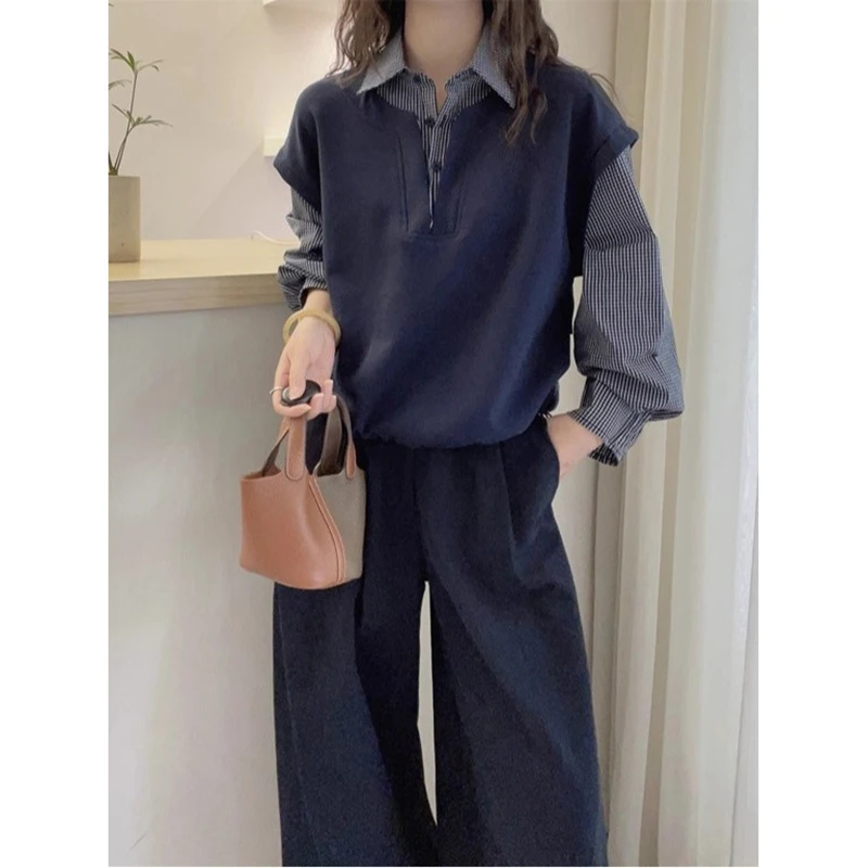 韩系格子polo领长袖卫衣2025秋季潮流百搭上衣假两件时尚打底衫女