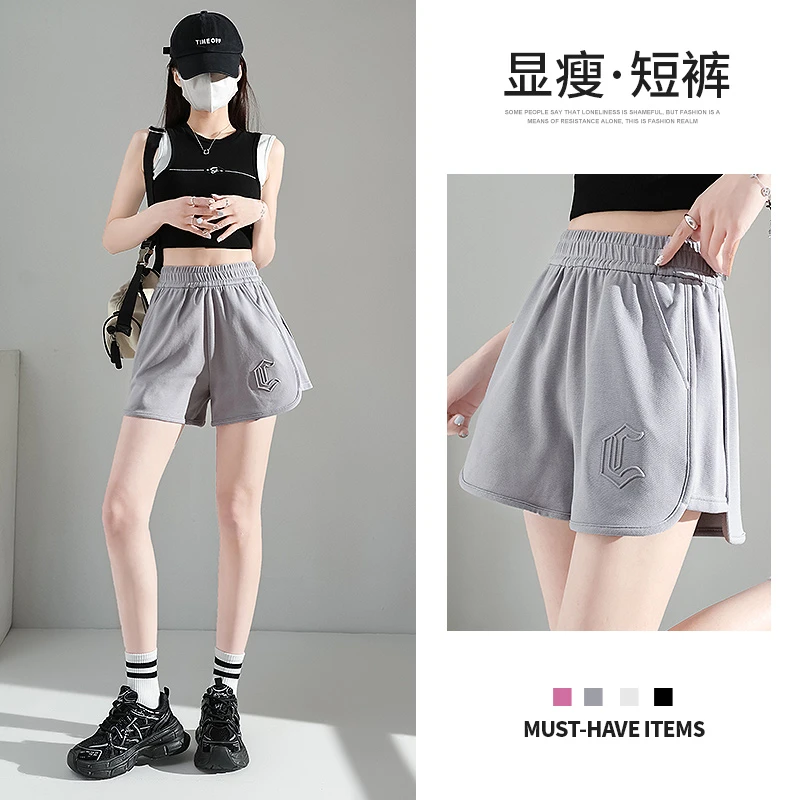 美式刺绣运动短裤女夏季新款外穿宽松休闲阔腿高腰薄款三分热裤潮