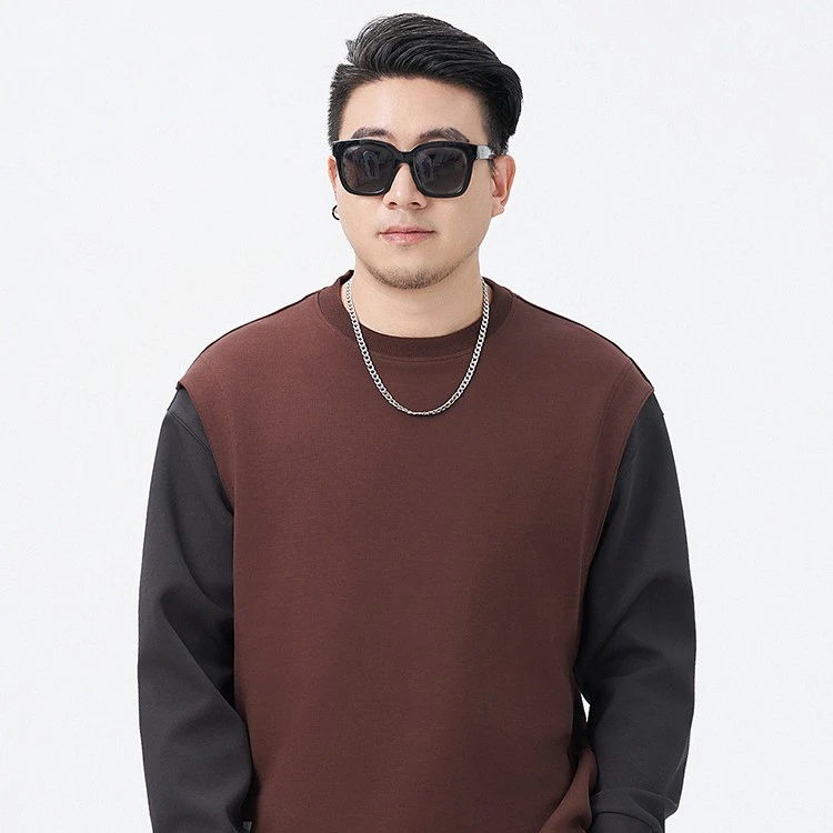 大码男装日系高街拼色简约长袖休闲上衣假两件落肩袖宽松加肥卫衣