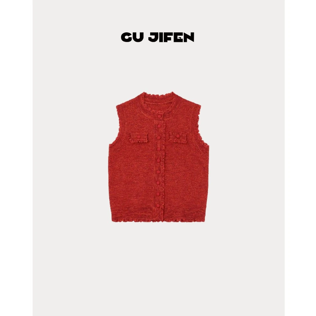 GU JIFEN｜红山茶｜编织花纱流苏小香风包扣羊毛上衣 W641X55367