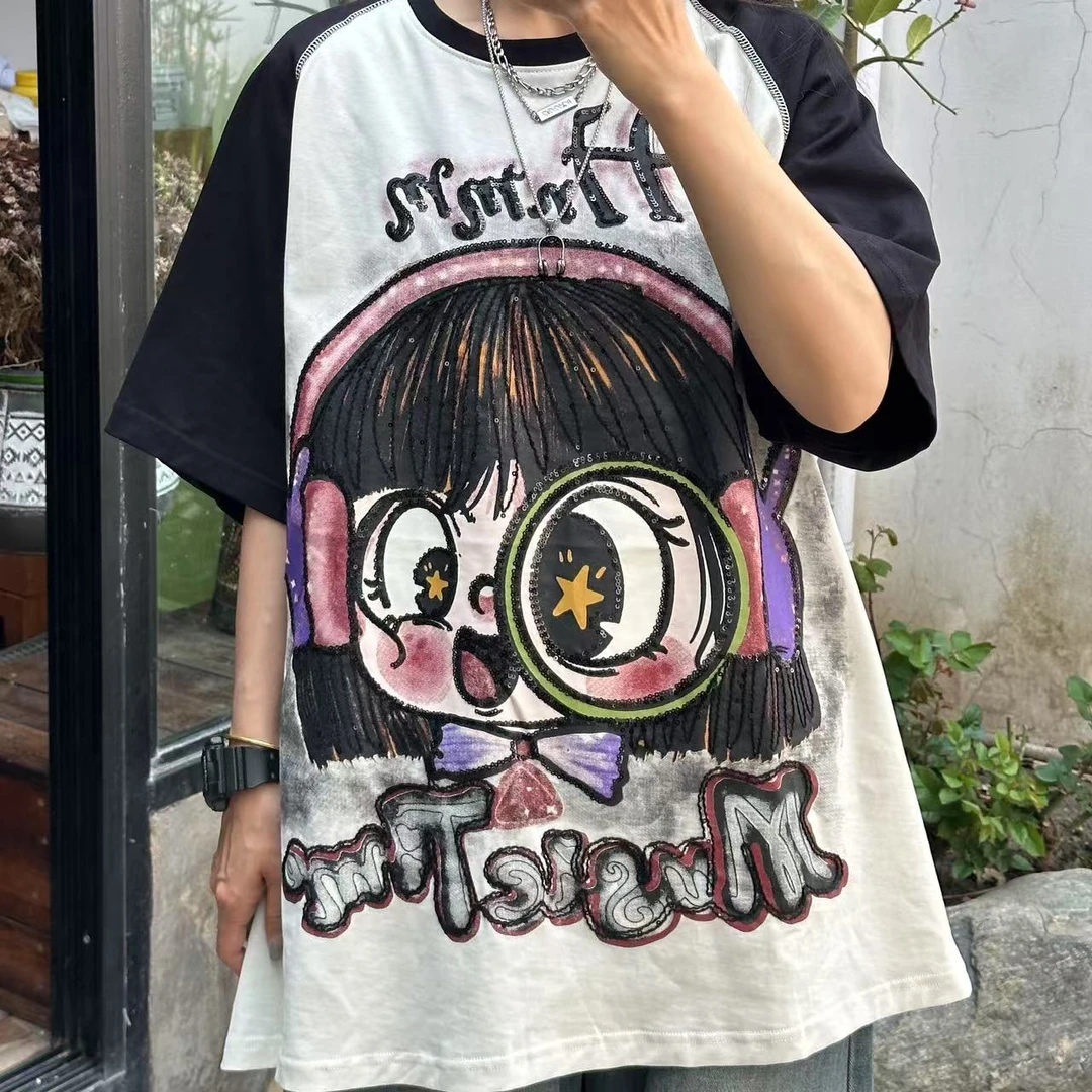 【小惜亦】女孩宽松女t恤慵懒2025新款夏显瘦遮肉纯棉半袖插肩袖